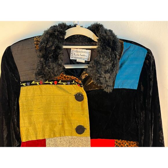 VTG Lucia Lukken Velvet Jacket Medium Black Faux Fur Collar Patchwork Preppy - Picture 4 of 8